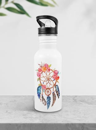 Weshopaholic Stainless Steel Printed Bottle | Wide Mouth Sports Bottle Printed | Leak Proof, Straw Cap | Lightweight Sipper Bottle for Kids – 600 ml (Dream Catcher)