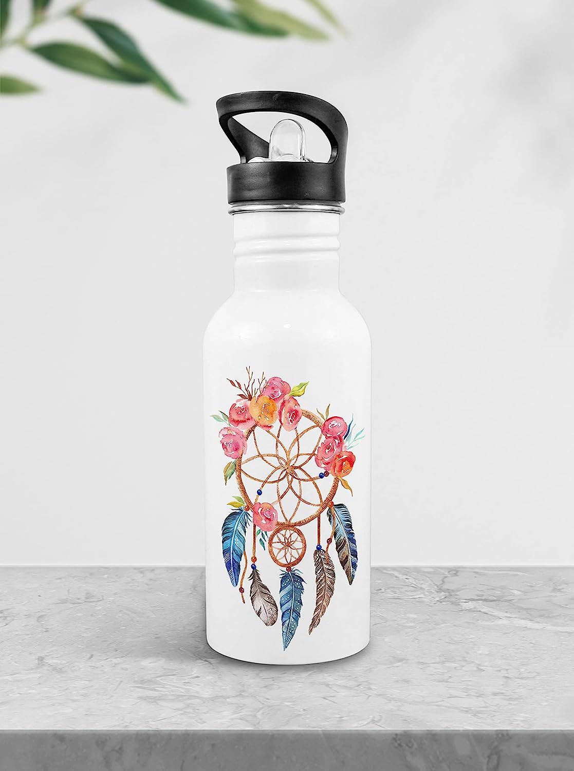 Weshopaholic Stainless Steel Printed Bottle | Wide Mouth Sports Bottle Printed | Leak Proof, Straw Cap | Lightweight Sipper Bottle for Kids – 600 ml (Dream Catcher)