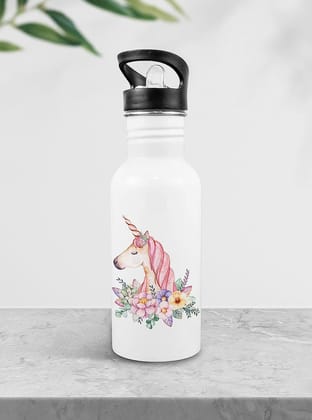 Weshopaholic Stainless Steel Printed Bottle | Wide Mouth Sports Bottle Printed | Leak Proof, Straw Cap | Lightweight Sipper Bottle for Kids – 600 ml (Dream Like Unicorn)