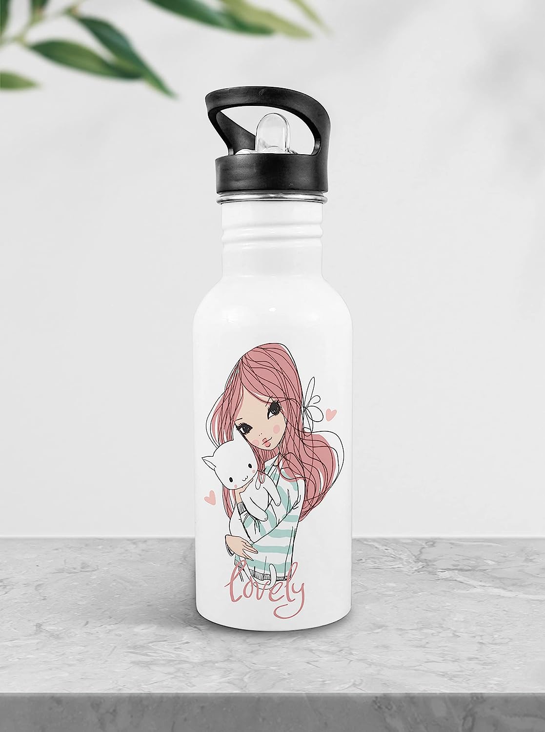 Weshopaholic Stainless Steel Printed Bottle | Wide Mouth Sports Bottle Printed | Leak Proof, Straw Cap | Lightweight Sipper Bottle for Kids – 600 ml (Girl Hug Cat)