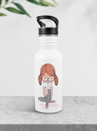 Weshopaholic Stainless Steel Printed Bottle | Wide Mouth Sports Bottle Printed | Leak Proof, Straw Cap | Lightweight Sipper Bottle for Kids – 600 ml (My Diary Girl)