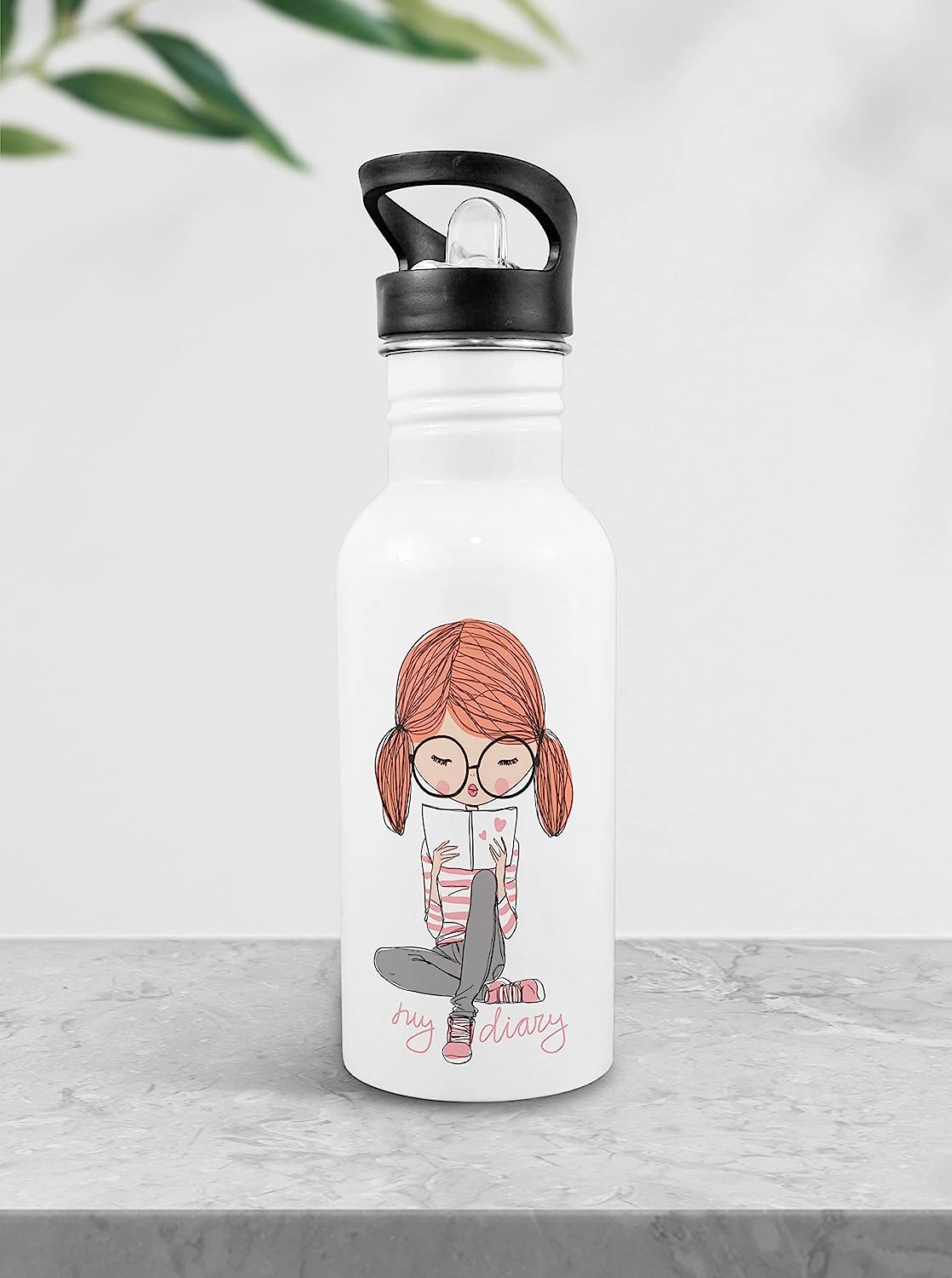 Weshopaholic Stainless Steel Printed Bottle | Wide Mouth Sports Bottle Printed | Leak Proof, Straw Cap | Lightweight Sipper Bottle for Kids – 600 ml (My Diary Girl)