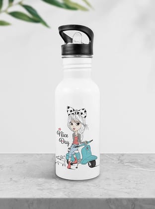 Weshopaholic Stainless Steel Printed Bottle | Wide Mouth Sports Bottle Printed | Leak Proof, Straw Cap | Lightweight Sipper Bottle for Kids – 600 ml (Nice Day Girl)