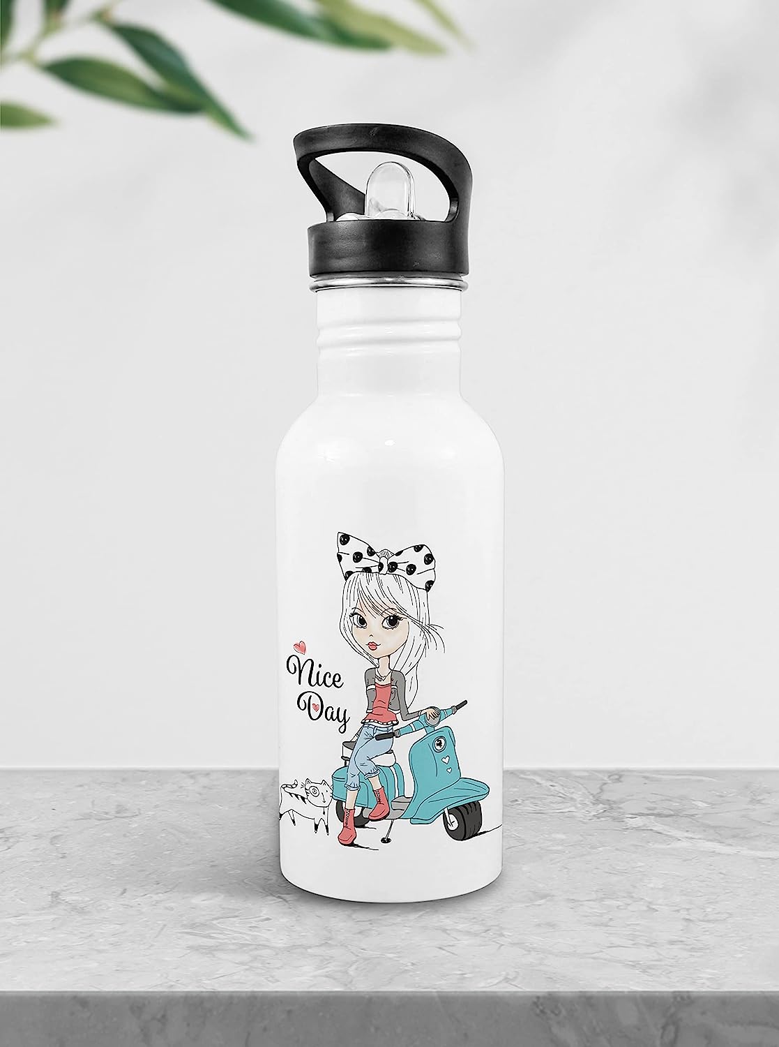 Weshopaholic Stainless Steel Printed Bottle | Wide Mouth Sports Bottle Printed | Leak Proof, Straw Cap | Lightweight Sipper Bottle for Kids – 600 ml (Nice Day Girl)