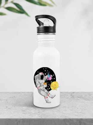 Weshopaholic Stainless Steel Printed Bottle | Wide Mouth Sports Bottle Printed | Leak Proof, Straw Cap | Lightweight Sipper Bottle for Kids – 600 ml (Space Travel)