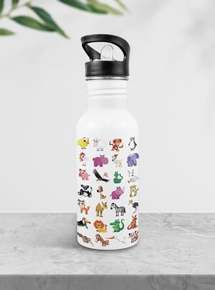 Weshopaholic Stainless Steel Printed Bottle | Wide Mouth Sports Bottle Printed | Leak Proof, Straw Cap | Lightweight Sipper Bottle for Kids – 600 ml (Zoo Animal)