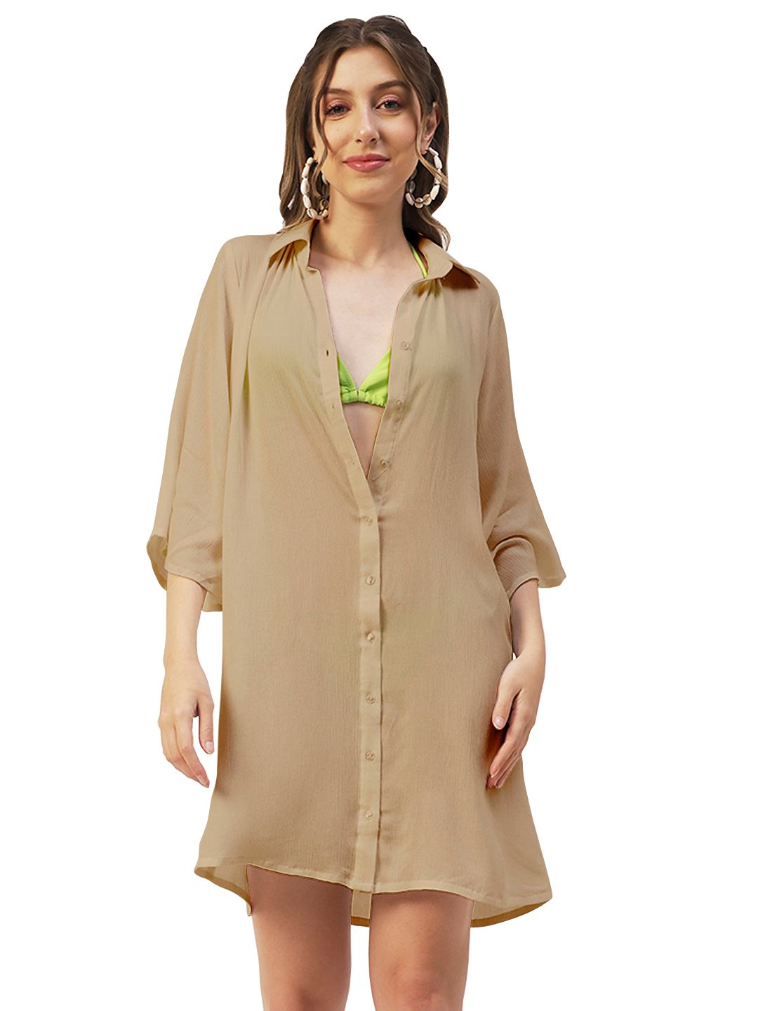 Moomaya Solid Women Long Cover Up Shirt, Button Down Long Collared Casual Sheer Shirt