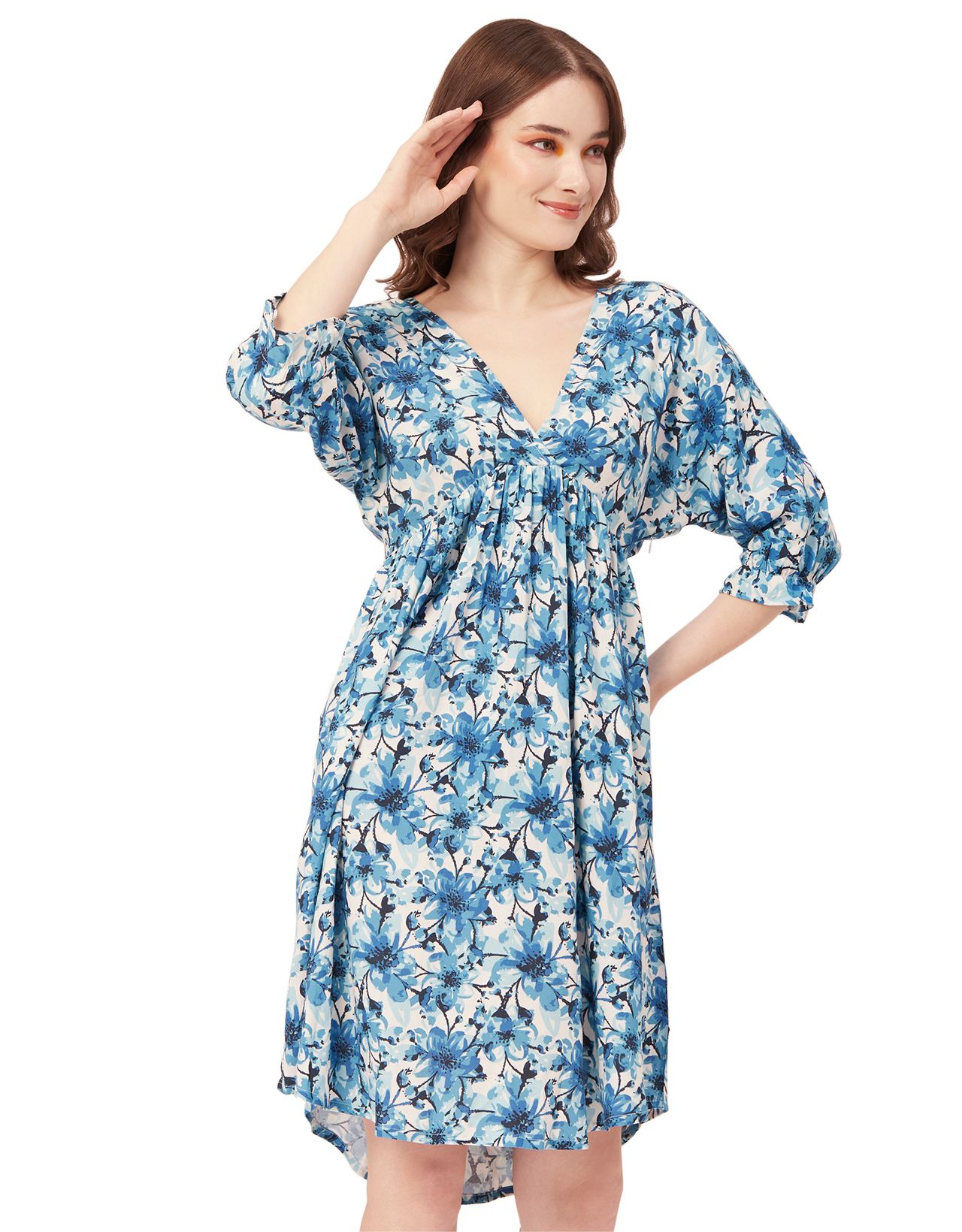 Moomaya Printed Quarter Sleeves Short Dress, Knee Length Flared Hem Summer Dress