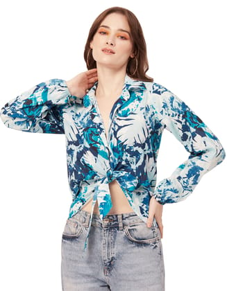 Moomaya Printed Full Sleeve Knot Cropped Shirt, Cotton Summer Top For Women