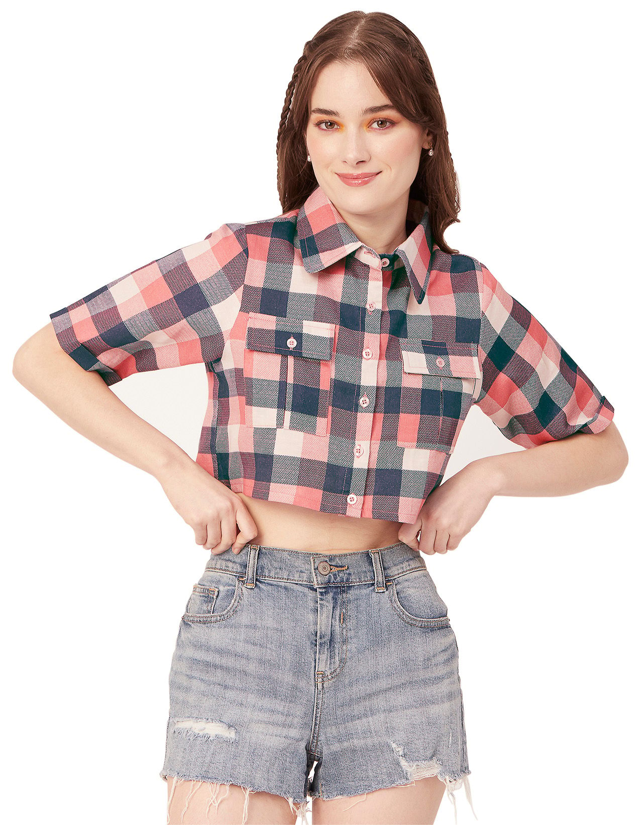 Moomaya Women Printed Short Sleeves Crop Shirt, Collared Neck Short Boxy Shirt Top