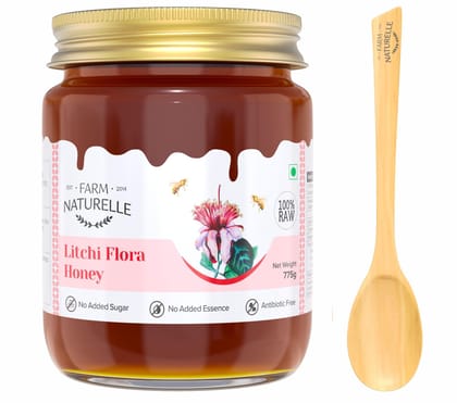 Farm Naturelle-Litchi Flower Wild Forest (Jungle) Honey/100% Pure/Raw/Natural/Un-Processed/Un-Heated/Lab Tested/Glass Bottle-700g+75gm Extra and a Wooden Spoon.�