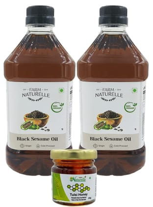 2 Virgin Organic Sesame Oil - The Finest Certified Organic & FSSAI-1LtrX2 Sesame Gingelly Til Cooking Oil from Black Sesame Seeds with 55gms Forest Honey