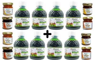 Farm Naturelle-Finest Slimfit Juice Pack of 8-Slimming/Weight Loss/Fat Loss Forest Honey with Slimming Herbs Green Tea for Fat Metabolism-4+4 Free-8x400ml+ 8x55g Herbs Infused Forest Honey.