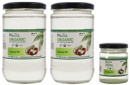 Farm Naturelle -100 % Pure Organic Extra-Virgin Cold Pressed Coconut Oil (Glass Bottle -500mlx2 +200 ml Free)