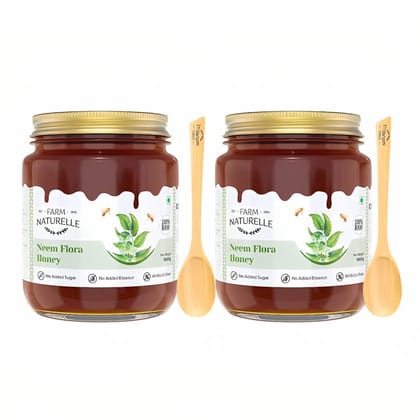 Farm Naturelle - Neem Forest Flower Wild Honey 850g + 150gm X 2 |100% Pure Honey | Raw & Unfiltered | Unprocessed | Lab Tested Honey In Glass Jar with Engraved Virgin Wooden Spoon (850gm+150gm Extra+ Wooden Spoons.) x 2 Sets.