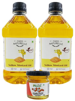 Farm Naturelle Cold Pressed Virgin Kachi Ghani Virgin Mustard Oil,1LTR x 2 Bottles Plus Free Raw Forest Flower Honey 55 GMS