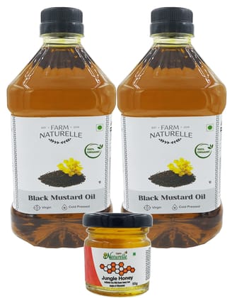 Farm Naturelle-Organic Virgin Cold Pressed (Kachi Ghani) Mustard Oil Pack of 2 x 1 LTR with Free Jungle Honey 55g