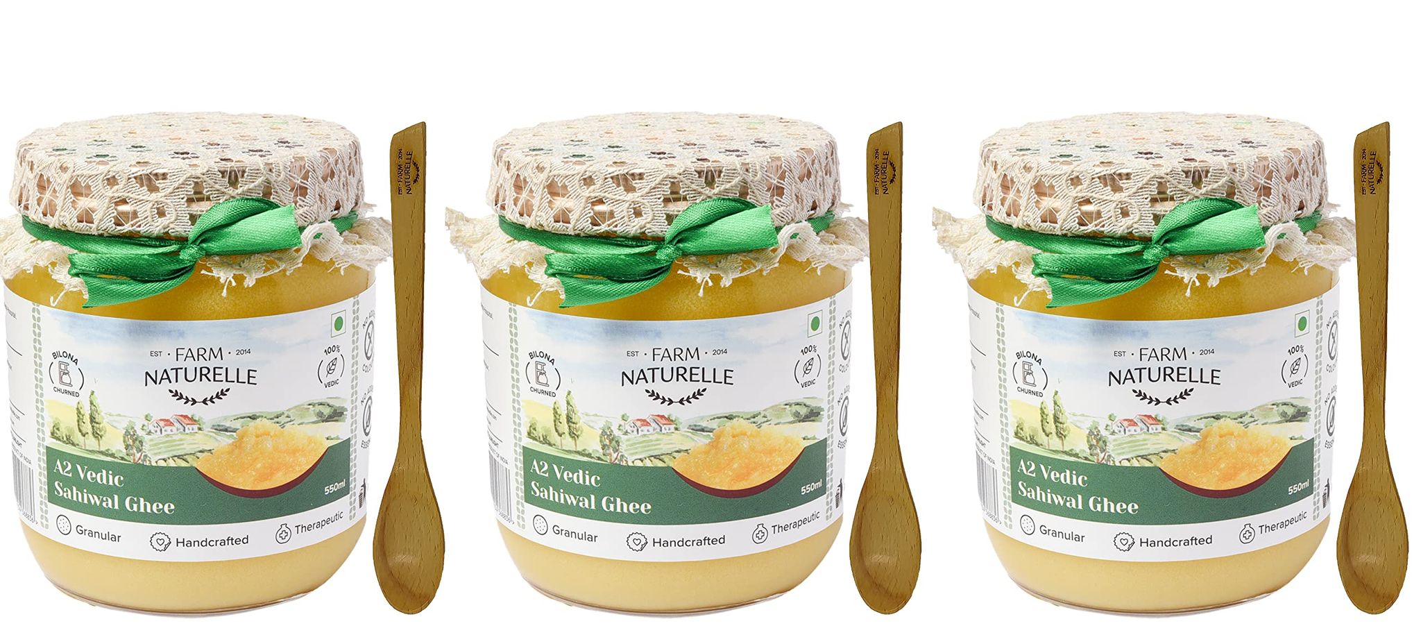 Farm Naturelle-A2 Desi Cow Ghee from Grass Fed Sahiwal Cows,Vedic Bilona method-Curd Churned-Golden, Grainy & Aromatic, Keto Friendly, NON-GMO, Lab tested, Glass Jar- (500ml+50ml Extra+Wooden Spoons.) x 3 Sets.