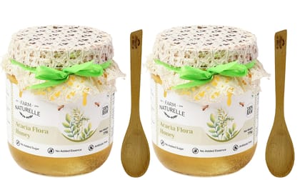 Farm Naturelle-Acacia Flower Wild Forest (Jungle) Honey/100% Pure/Raw/Natural/Un-Processed/Un-Heated/Lab Tested/Glass Bottle-(700gm+75gm Extra+Wooden Spoons.) x 2 Sets.