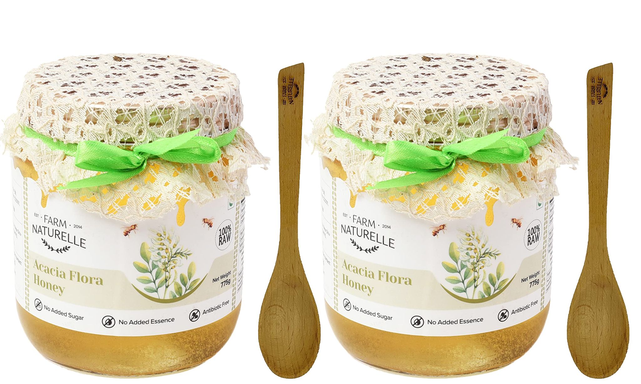 Farm Naturelle-Acacia Flower Wild Forest (Jungle) Honey/100% Pure/Raw/Natural/Un-Processed/Un-Heated/Lab Tested/Glass Bottle-(700gm+75gm Extra+Wooden Spoons.) x 2 Sets.