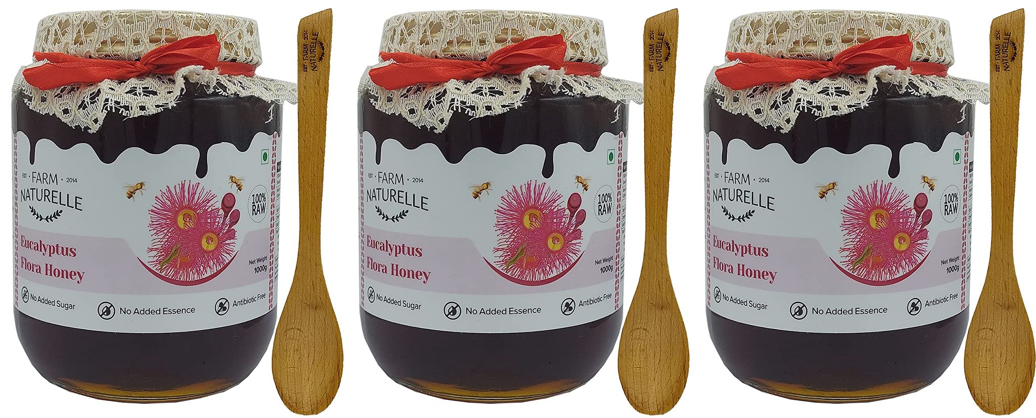 Farm Naturelle Eucalyptus Forest Raw Un-Processed Honey, (1000gm+150gm Extra+Wooden Spoons.) x 3 Sets.