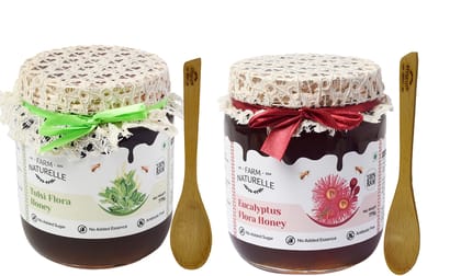 Farm Naturelle-Raw Natural Ayurvedic Unprocessed Tulsi Forest Flower Honey with Huge Medicinal Value and Eucalyptus Forest Honey Combo,(700gm+75gm Extra+Wooden Spoons.) x 2 Sets.