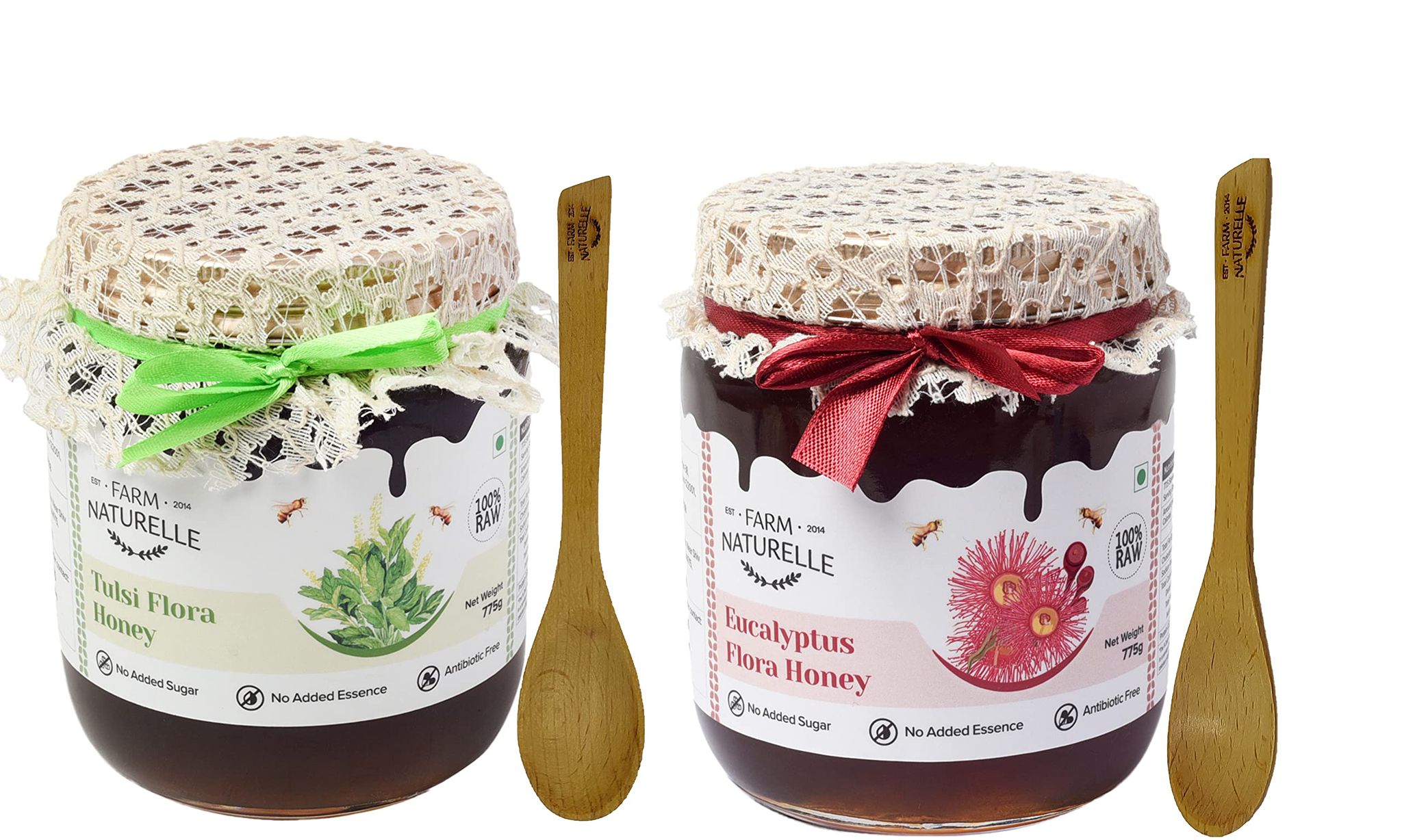 Farm Naturelle-Raw Natural Ayurvedic Unprocessed Tulsi Forest Flower Honey with Huge Medicinal Value and Eucalyptus Forest Honey Combo,(700gm+75gm Extra+Wooden Spoons.) x 2 Sets.