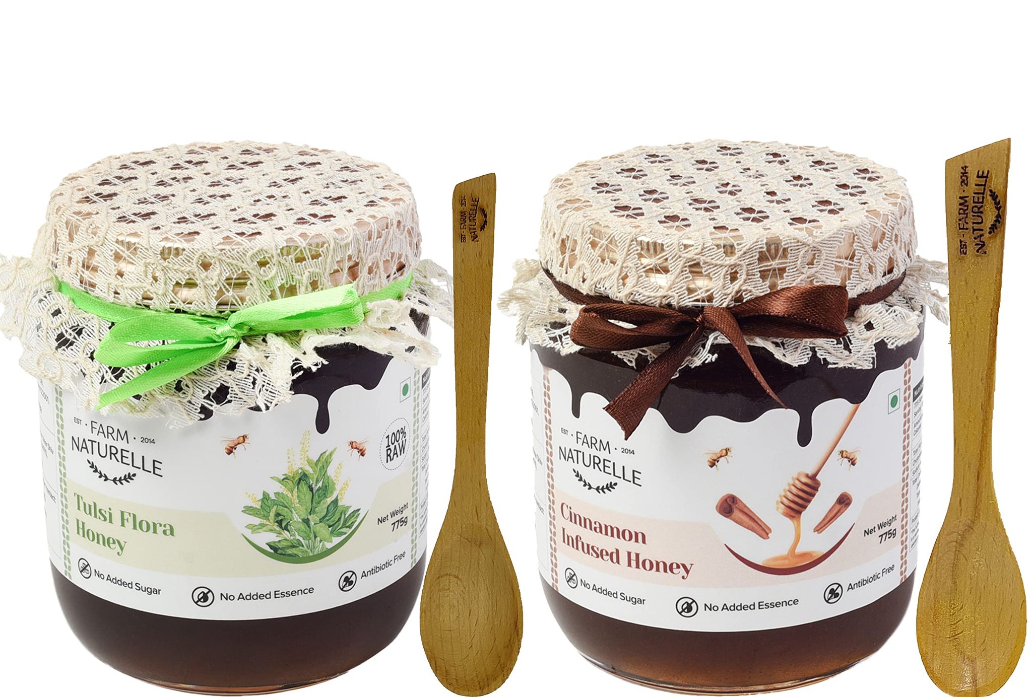 Farm Naturelle-Raw Natural Ayurvedic Unprocessed Tulsi Forest Flower Honey with Huge Medicinal Value and Cinnamon Infused Forest (Jungle) Honey Combo,(700gm+75gm Extra+Wooden Spoons.) x 2 Sets.