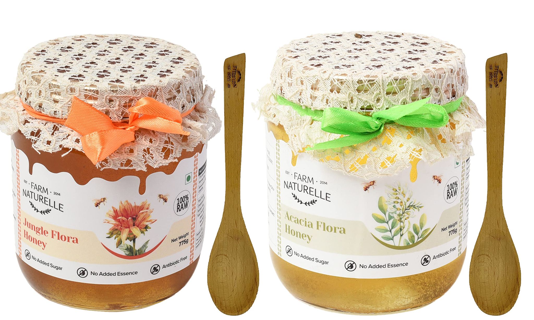 Farm Naturelle Pure Raw Natural Unprocessed Acacia Forest Honey and Jungle Forest Honey- (700gm+75gm Extra+Wooden Spoons.) x 2 Sets.