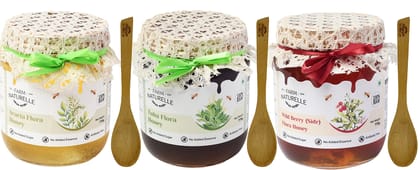 Farm Naturelle Pure Raw Natural Unprocessed Acacia Forest Honey,Tulsi Forest Honey and Wild Berry Forest Honey (Sidr Honey)-(700gm+75gm Extra+Wooden Spoons.) x 3 Sets.