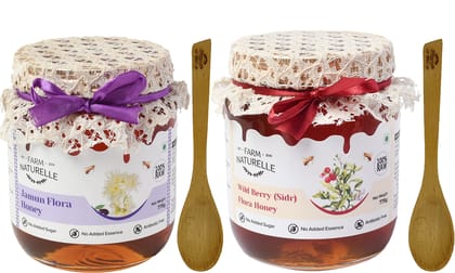 Farm Naturelle Pure Raw Natural Unprocessed Wild Berry (Sidr) Forest Honey and Jamun Forest Honey-(700gm+75gm Extra+Wooden Spoons.) x 2 Sets.