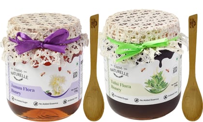 Farm Naturelle-Raw Natural Ayurvedic Unprocessed Tulsi Forest Flower Honey with Huge Medicinal Value and Jamun Forest Honey Combo-(700gm+75gm Extra+Wooden Spoons.) x 2 Sets.