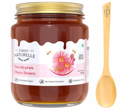 Farm Naturelle-Eucalyptus Flower Wild Forest (Jungle) Honey|Glass Bottle-1000g+150gm Extra and a Wooden Spoon| 100% Pure Honey, Raw Natural Un-Processed - Un-Heated Honey | Lab Tested Honey |