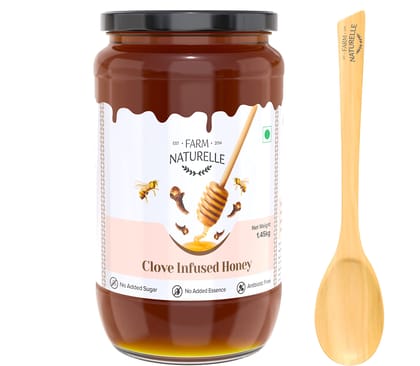 Farm Naturelle-Real Clove Infused Wild Forest Honey |1.45kg and a Wooden Spoon| 100% Pure, Raw Natural - Un-Processed - Un-Heated Honey | Lab Tested Clove Honey in Glass Bottle.