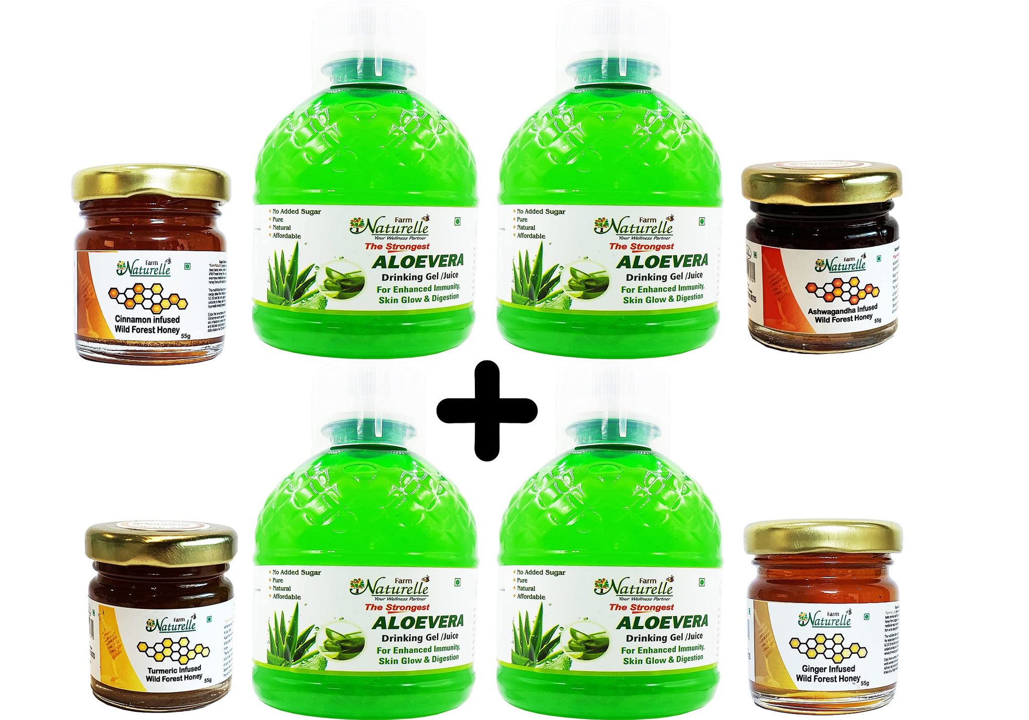 Farm Naturelle-Herbal Concentrated (Extra Fiber in Gel Form) Aloevera Gel/Juice 400Ml 2+2 Free (Pack of 4) Amazing Health Benefits and Free Honey (55g x 4)