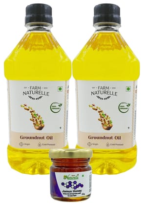 Farm Naturelle - Organic Ghani Cold Pressed Virgin Groundnut/Peanut Oil 1 Ltr X 2 Bottle | 100% Natural With 55Gm Honey | Pure & Wood Pressed Cooking Oil (1 LTR Each) Pack of 2