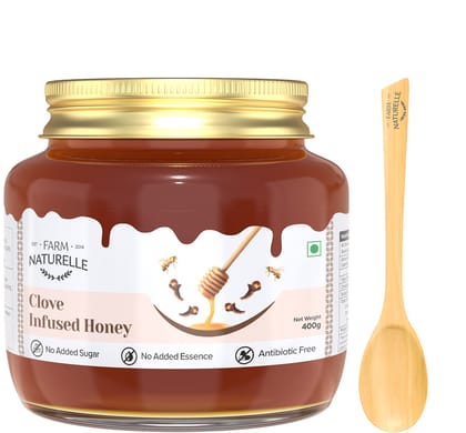 Farm Naturelle-Real Clove Infused Forest Honey| 400gm and a Wooden Spoon| 100% Pure & Natural Ingredients - Immense Medicinal Value| No Artificial Color | No Added Sugar | Lab Tested Clove Honey |