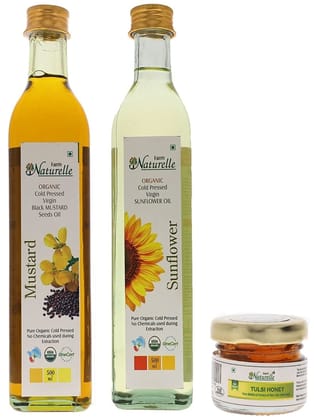 Farm Naturelle - Organic Cold Pressed Black Mustard Seed Oil, Sunflower Oil (500MLX2) Glass Bottle Along with 55 GMS Cinnamon Infused Forest Honey | Good for heart health | Pure Oil For Roasting, Frying, Baking All type of Cuisines