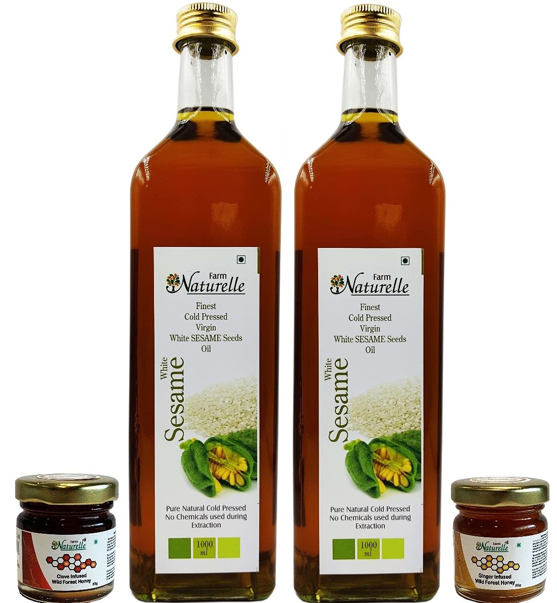 (Glass Bottles) Virgin Cold Pressed White Sesame Seed Cooking Oils-(1000MLX2) Along with Free 55 Gmsx 2bottles-Cinnamon Infused Forest Honey and Ginger Honey