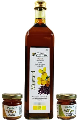 Farm Naturelle - Organic Cold Pressed Black Mustard Oil in GLASS bottle 1000ml Oil Along with Extra 55 Gms and Ginger Hone | Mustard Oil for Cooking | Good for heart health | Pure Oil For Roasting, Frying, Baking All type of Cuisines