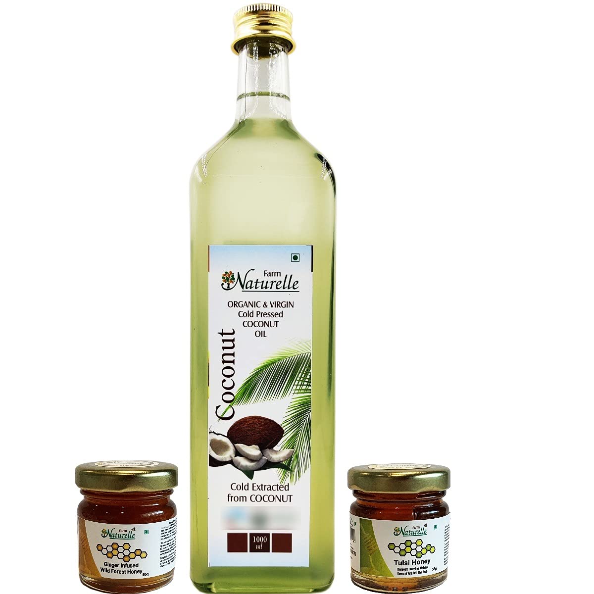 Farm Naturelle (Glass Bottle) Organic Virgin Cold Pressed Coconut Cooking Oil (1000 ML) with Free 40Gms x 2, Tulsi Honey and Ginger Honey