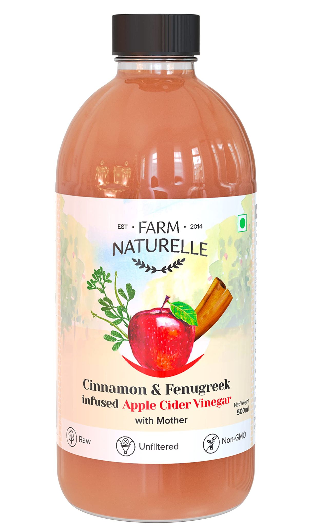 Farm Naturelle (Glass Bottle) Farm Naturelle Organic Apple Cider Vinegar with Mother and Infused Cinnamon & Fenugreek (500 ml)