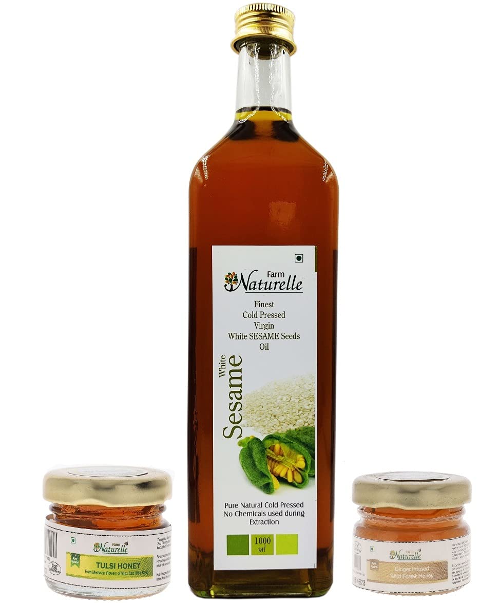 Farm Naturelle (Glass Bottle) Virgin Cold Pressed White Sesame Seed Cooking Oil (1000 ML) with Tulsi Honey and Ginger Honey 55g each.