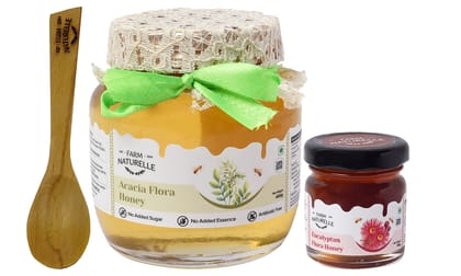 Farm Naturelle: Acacia Forest Honey (400Gms)+55Gm Cinnamon Honey, with Wooden Spoon