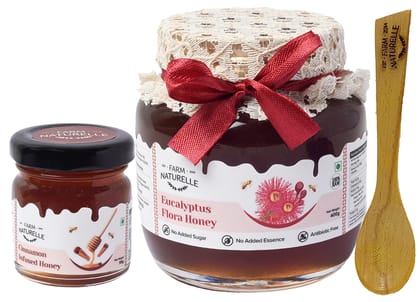 Farm Naturelle-Eucalyptus Forest 100% Pure Raw Un-Processed Honey 400 GMS with Cinnamon Honey and a Wooden Spoon.