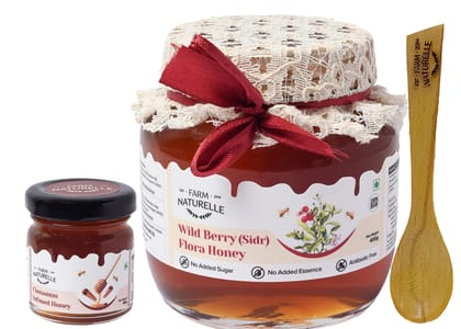 Farm Naturelle-Wild Berry-Sidr Forest Honey The Finest 100% Pure Raw Natural Honey Unprocessed Honey-( 400gm with Any Flower Honey 55g and a Wodden Spoon)