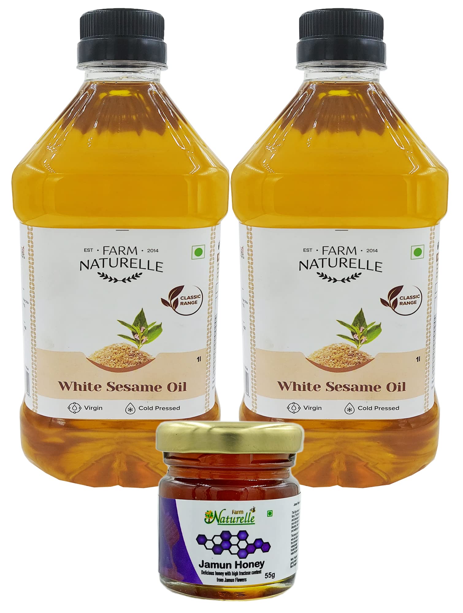 Farm Naturelle-The Finest-FSSAI Certified-Sesame/Gingelly/Til Cooking Oil (Cold Pressed Extra Virgin-Kachi Ghani Process)1 Ltrx2+Free Raw Jungle/Forest Honey 55 gm