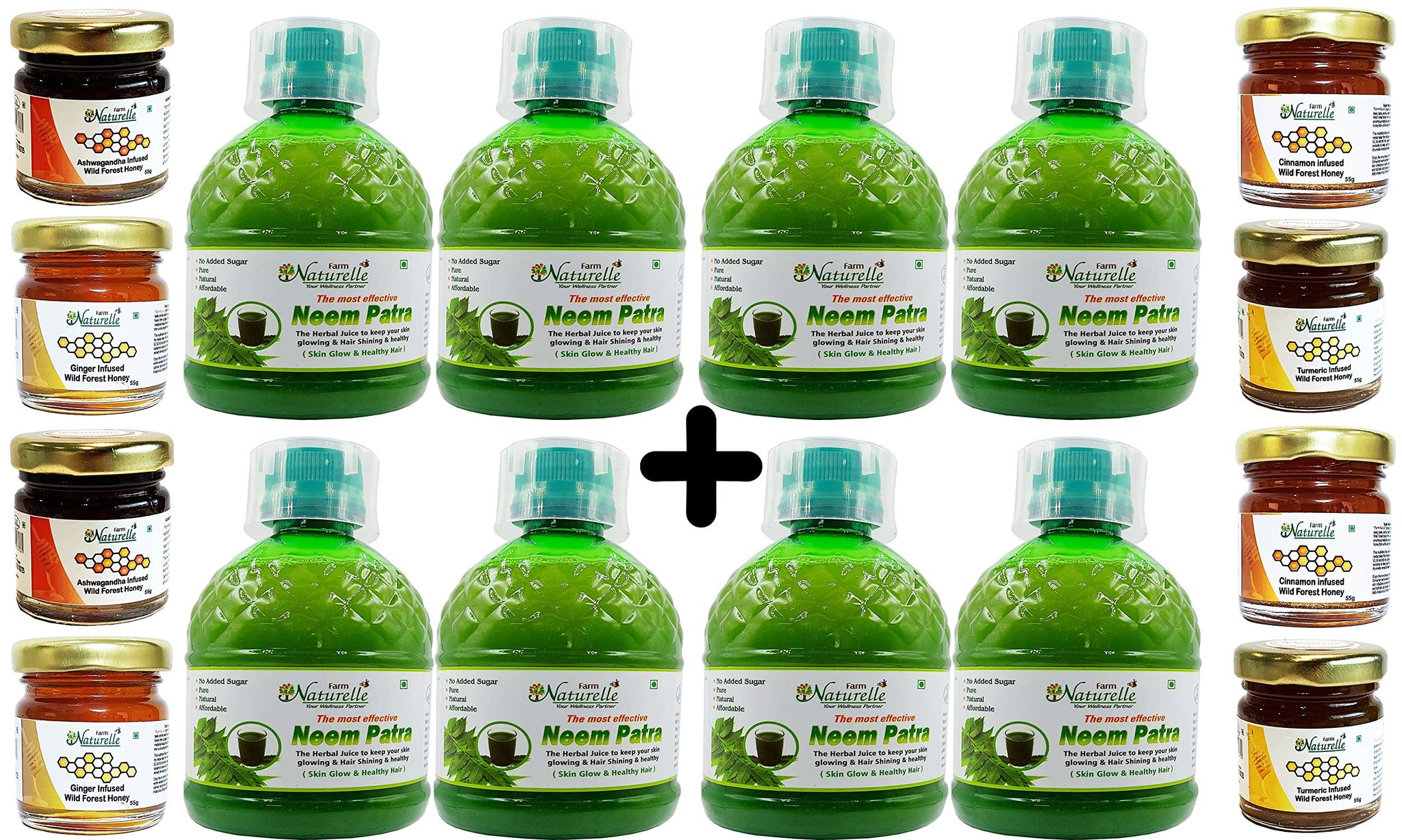 Farm Naturelle-Strongest Fresh Leaves Neem Juice-Immunity Booster & Detoxifier, Improves Skin & Hair Health- (4+4 Free)-8x400ml+ 55gx8 Herbs Infused Forest Honeys