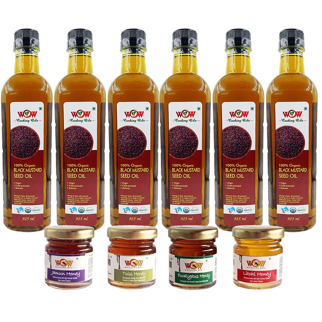 Wow Cooking - Organic Cold Pressed Black Mustard Oil (925 Ml x 6) with (55 Gm x 4 Varieties) Raw Honey| Mustard Oil for Cooking | Good for heart health | Pure Oil For Roasting, Frying, Baking All type of Cuisines