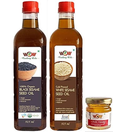 WOW Cooking Oils Certified Organic Cold Pressed Virgin Black Sesame Seed Oil & White Sesame Seeds Cooking Oil- 925 ml x 2 Combo with Free 55 GMS Raw Jamun Forest Honey